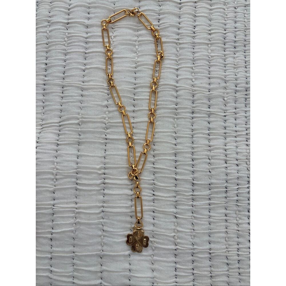 Gold Tone Paperclip Chain Necklace LOVE Four Leaf Clover Charm Statement Necklac